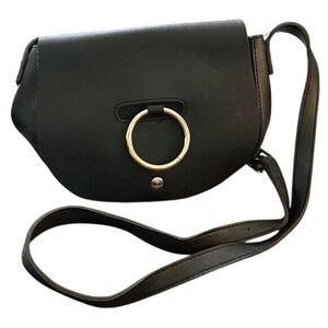 Black Crossbody/Saddlebag Purse Gold Ring Accents. Adjustable Strap.